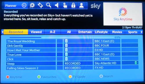 Sky EPG Recordings Screen