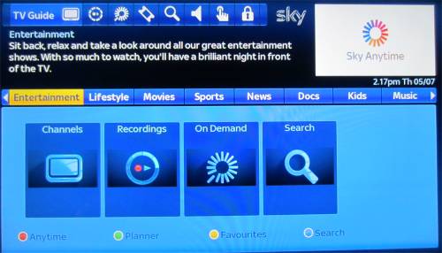 Sky EPG Quick Links Screen