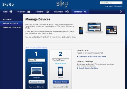 Managing your two devices on Sky Go