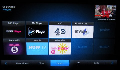 YouView Player screen, showing the BT Vision player